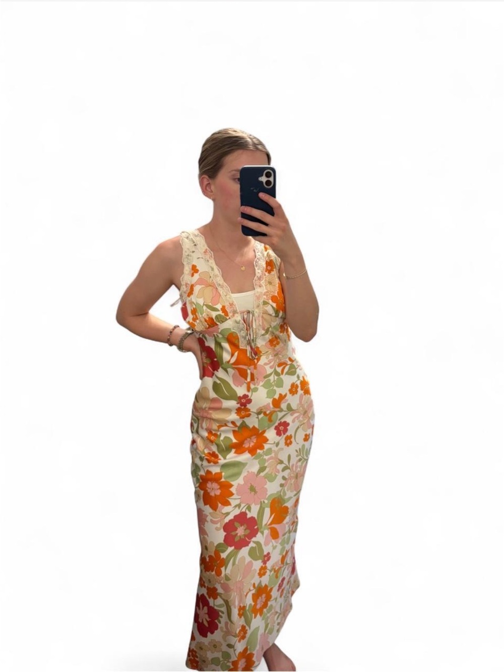 Floral Lace-Trim Midi Dress in Cream and Orange